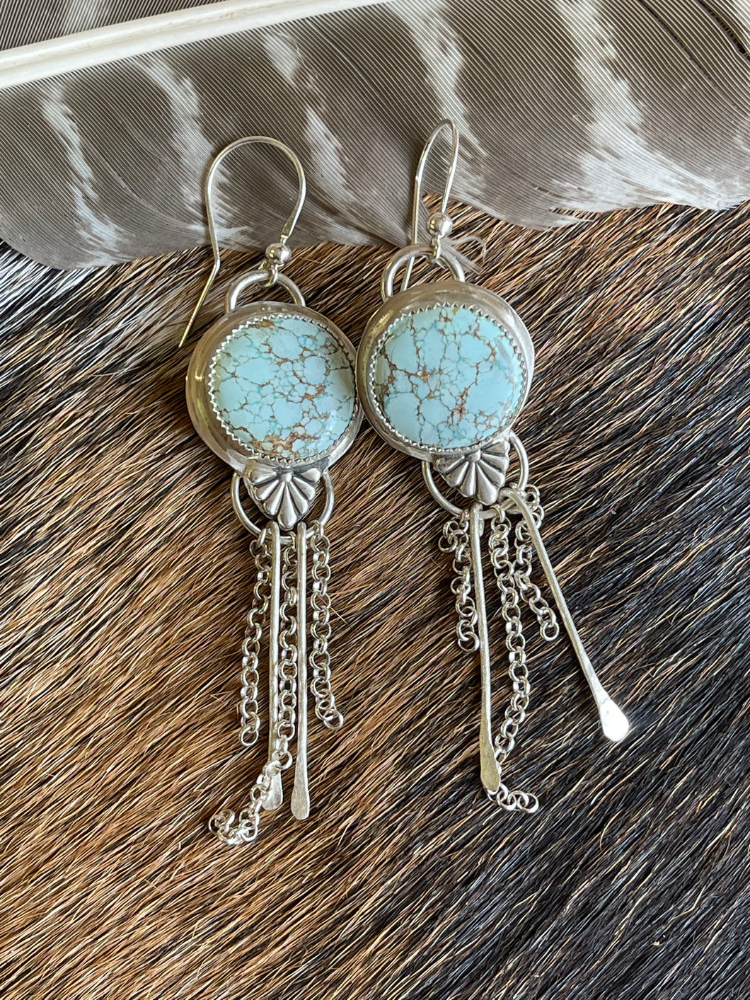 Round Light Blue Golden Hill Turquoise Fringe Earrings